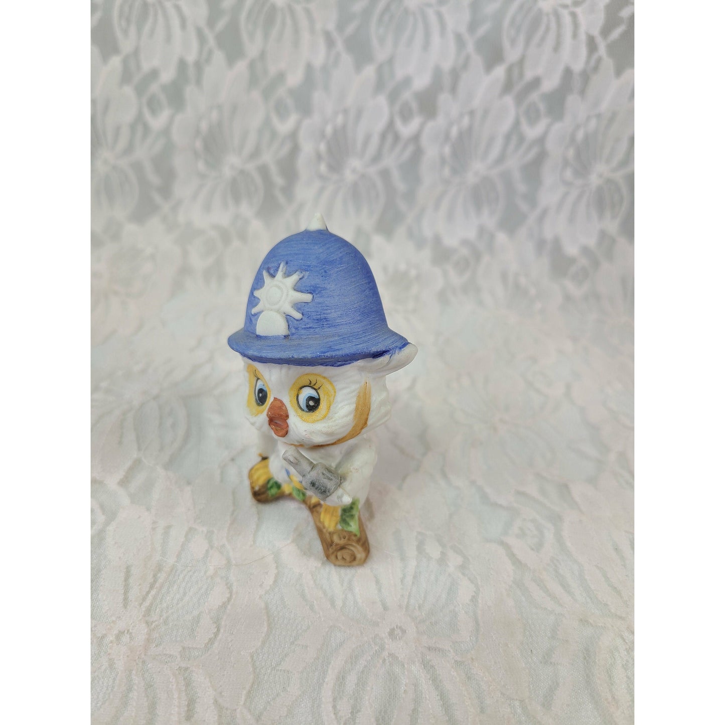 Vintage Bisque Porcelain Owl Figurine ~ London Bobby Beat Cop ~ Keystone Cop Owl with Pistol and Tall Cap ~ 3" Tall