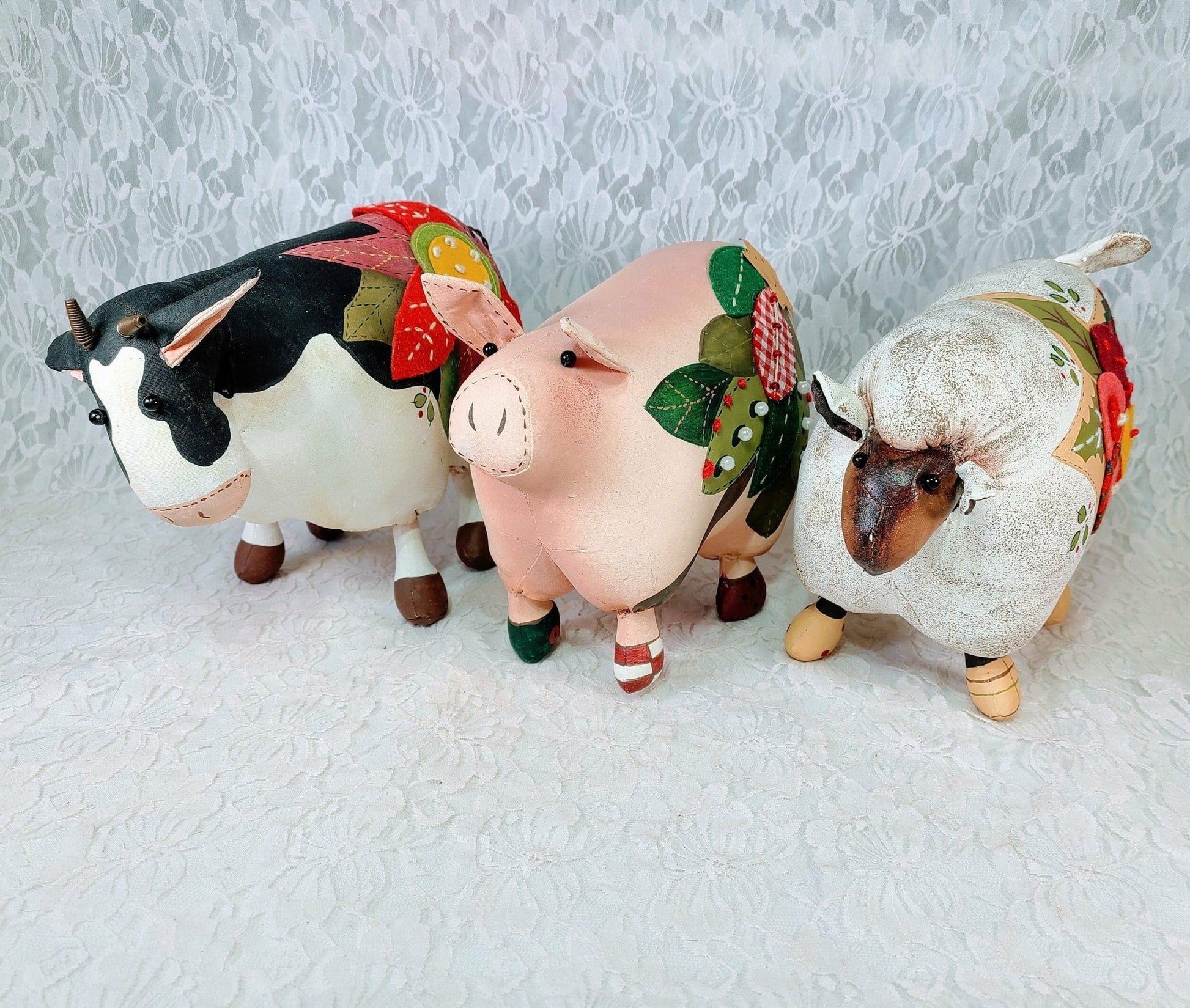 Set of Three (3) Handmade Primitive Oil Cloth Barn Animals ~ Cow, Pig, and Sheep ~ Painted Oilcloth Fabric Textile Rustic Décor 