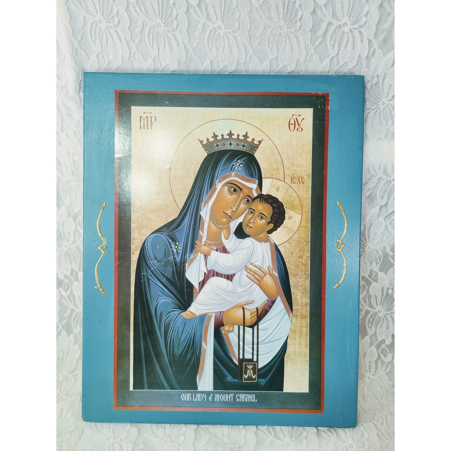 Vintage Russian Greek Orthodox Icon Wood Icon ~ Wall Hanging ~ Our Lady of Mount Carmel ~ Large 10 by 13"
