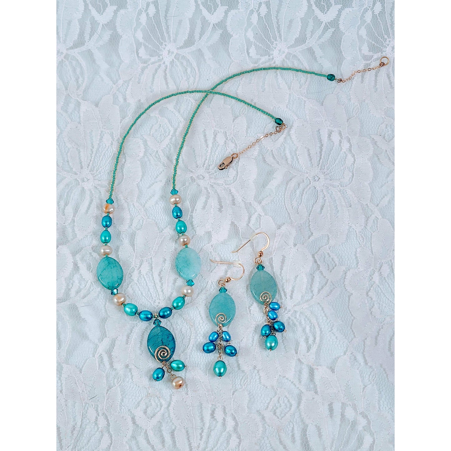 Earrings and Necklace OOAK Jewelry SET Blue Teal Swarovski Crystals and Pearls and Glass Beads with GOLD Accents