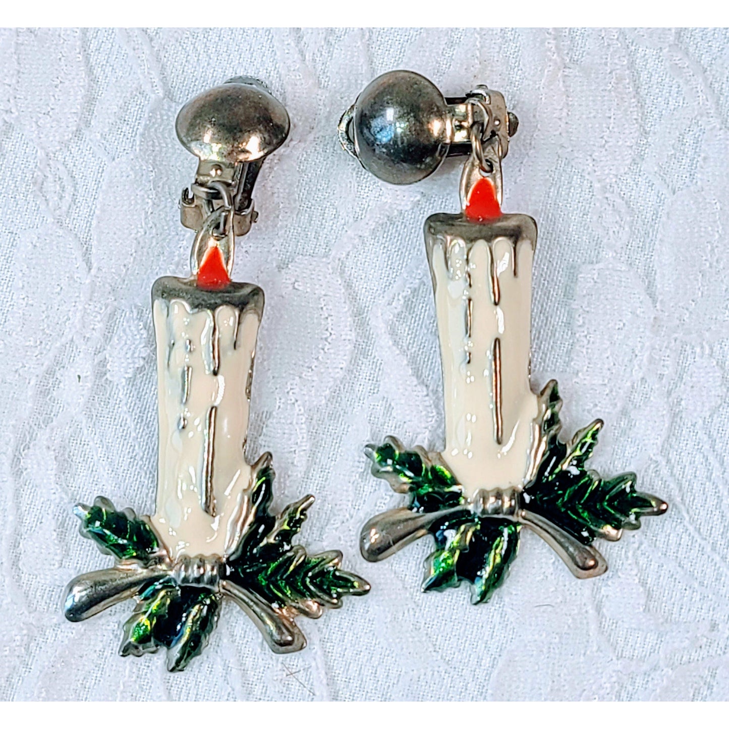 Vintage Enamel Pressed Tin Christmas Candle Earrings  ~ Christmas Costume Jewelry ~ Holiday ~ SUPER Retro Clip On Earrings