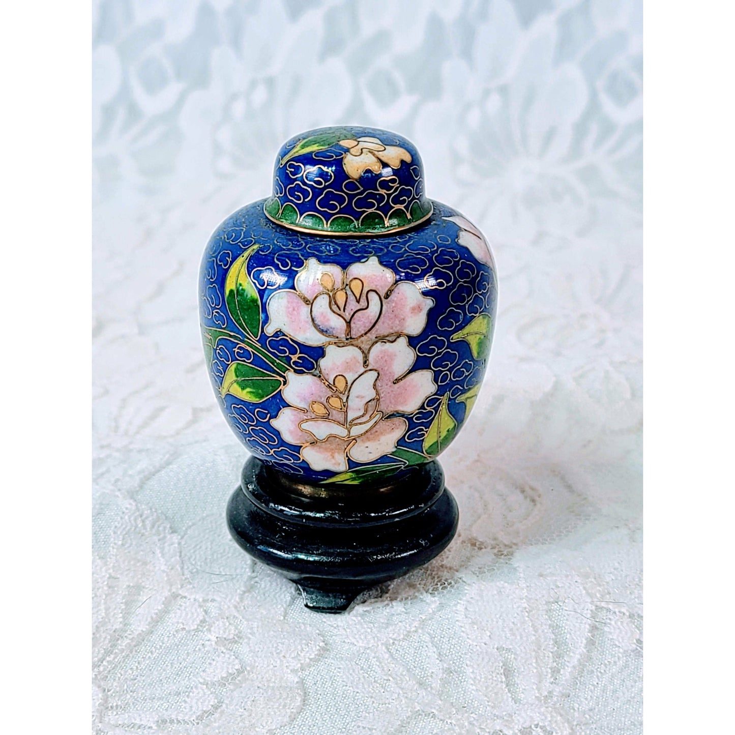 Vintage Cloisonné 3 Piece Ginger Jar with LID and Rosewood Stand  ~ Chinese ~ Marked on Bottom ~ Made in China