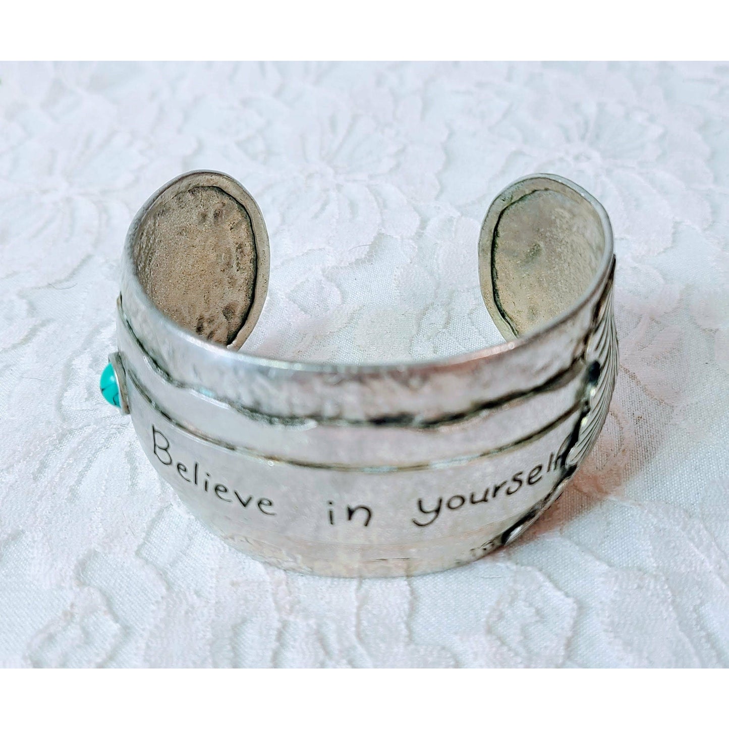 Silver Cuff Bracelet ~ Believe in Yourself ~ Affirmation Bracelet ~ Turquoise Stone & Etched Feather Accents ~ Layered Metals 1.5" Wide OOAK