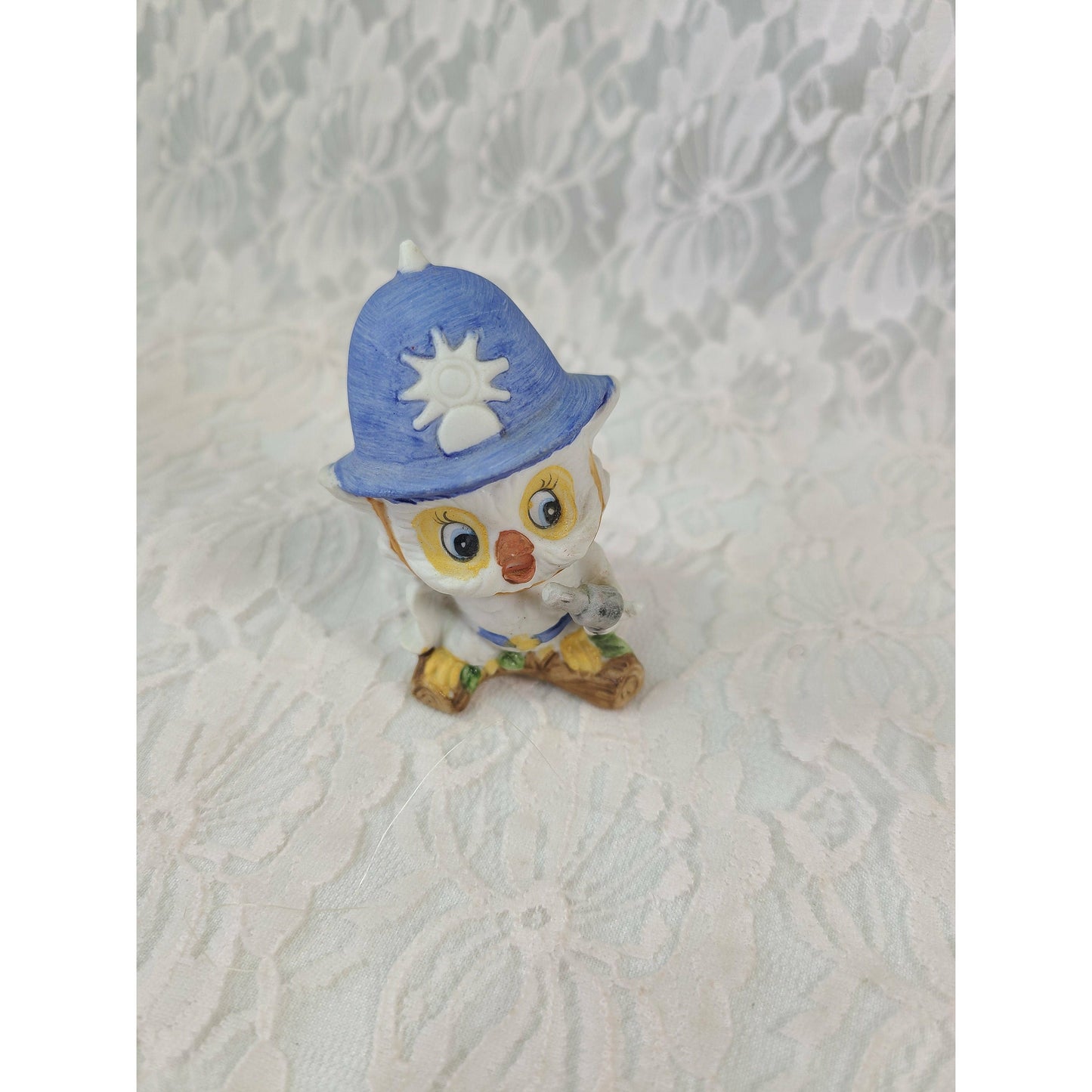 Vintage Bisque Porcelain Owl Figurine ~ London Bobby Beat Cop ~ Keystone Cop Owl with Pistol and Tall Cap ~ 3" Tall