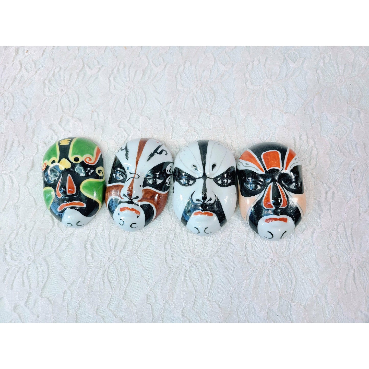 Peking OPERA FACE MASKS ~ Set Of 4 ~ Vintage Wall Hanging Hand Painted Chinese Evil Spirit Porcelain Masks ~ Signed / Numbered 3" x 2"