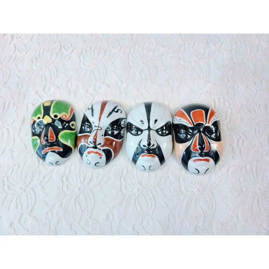 Peking OPERA FACE MASKS ~ Set Of 4 ~ Vintage Wall Hanging Hand Painted Chinese Evil Spirit Porcelain Masks ~ Signed / Numbered 3" x 2"