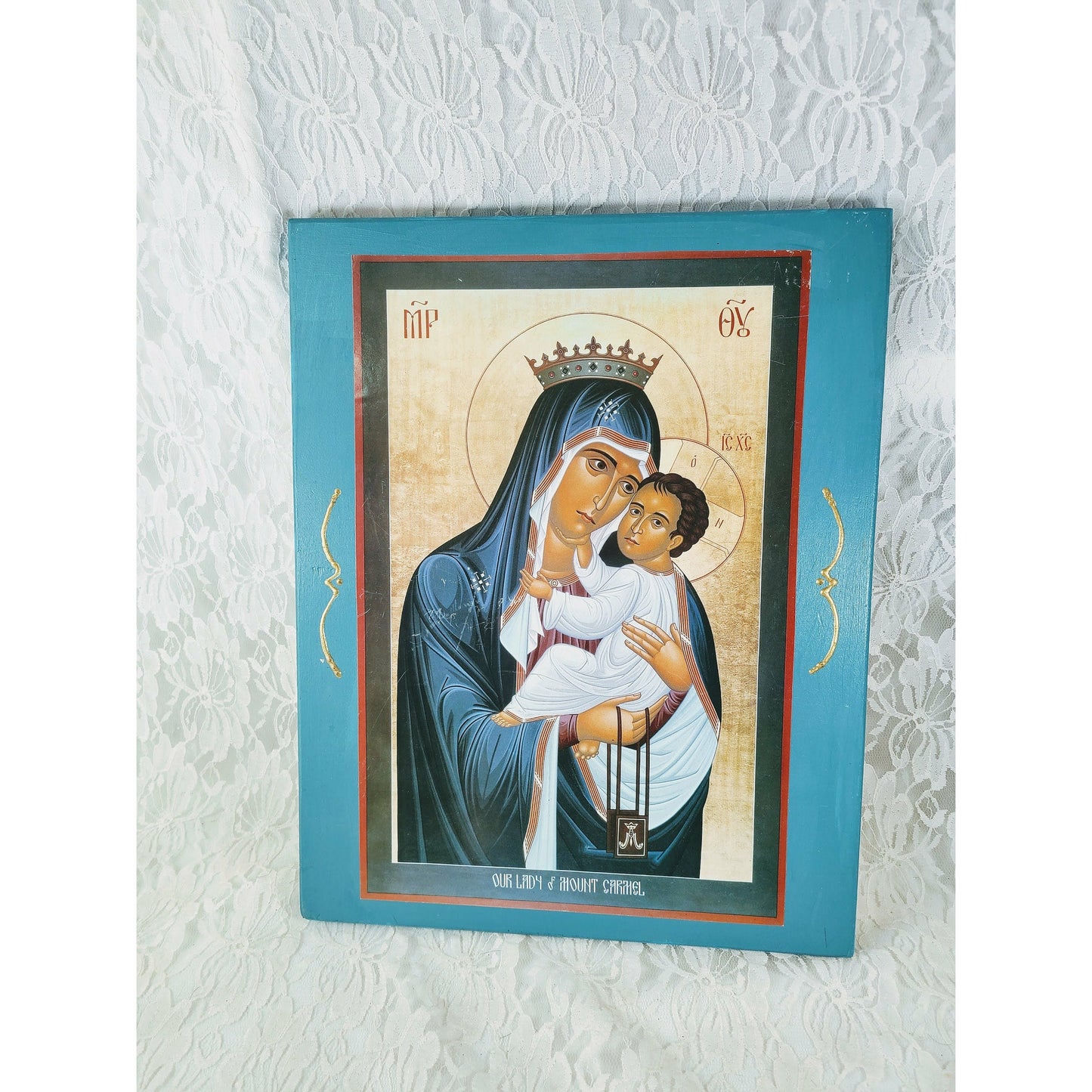 Vintage Russian Greek Orthodox Icon Wood Icon ~ Wall Hanging ~ Our Lady of Mount Carmel ~ Large 10 by 13"