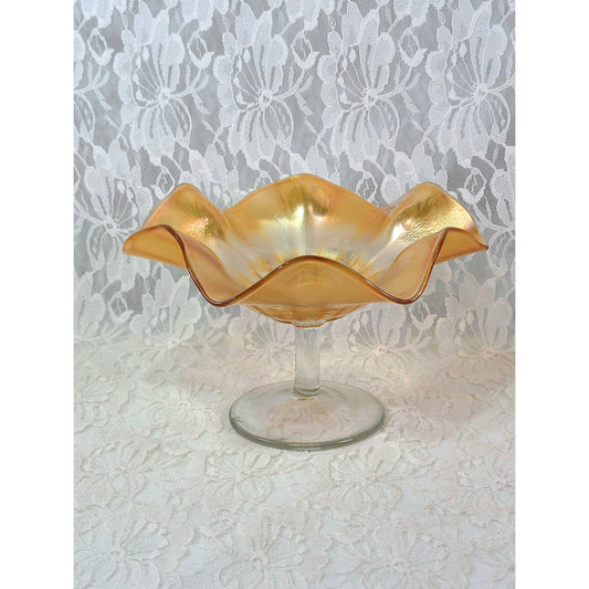 Carnival Style Orange Amber Marigold Compote Bowl ~ Fluted Glass on Pedestal ~ Candy Dish ~ Crystal Display