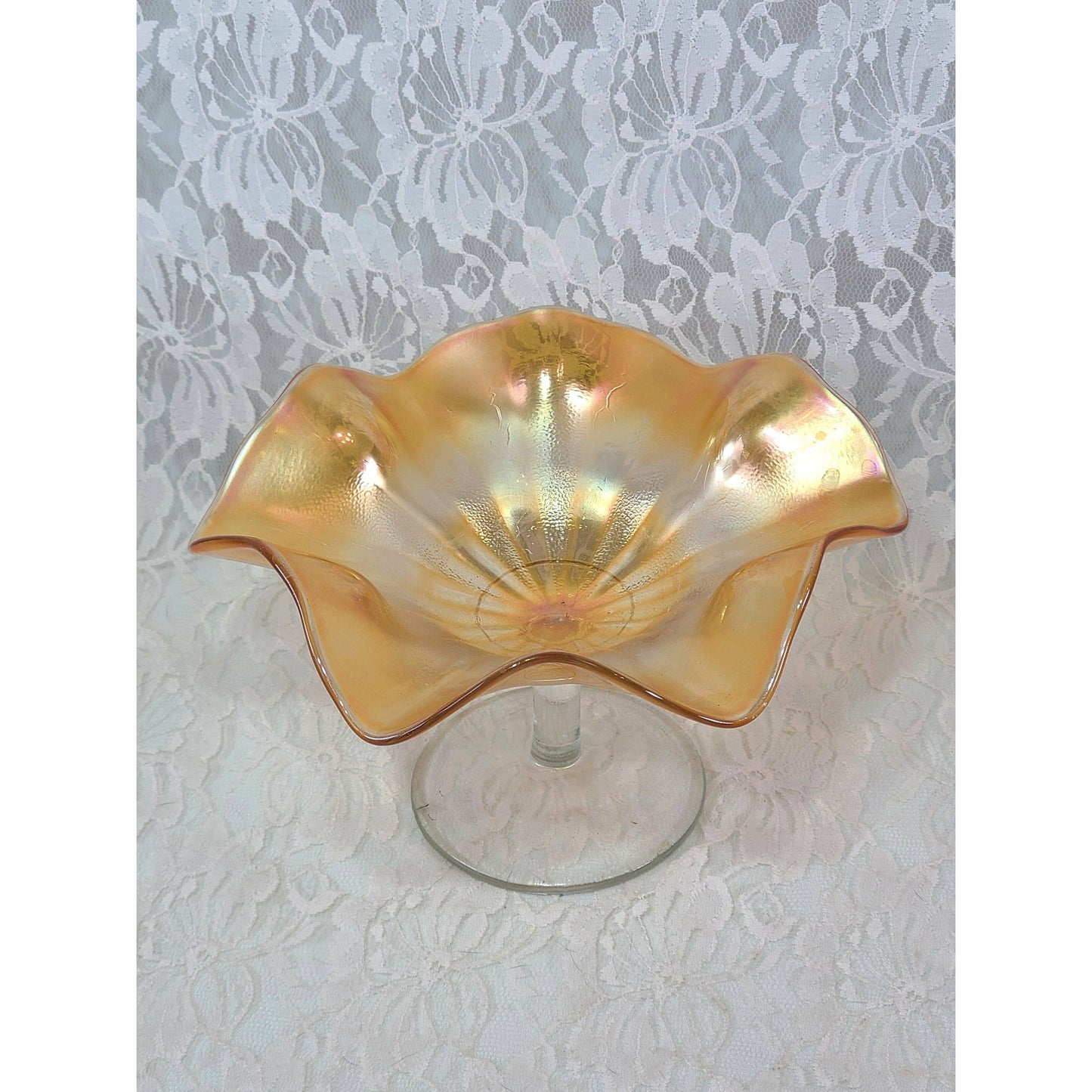 Carnival Style Orange Amber Marigold Compote Bowl ~ Fluted Glass on Pedestal ~ Candy Dish ~ Crystal Display