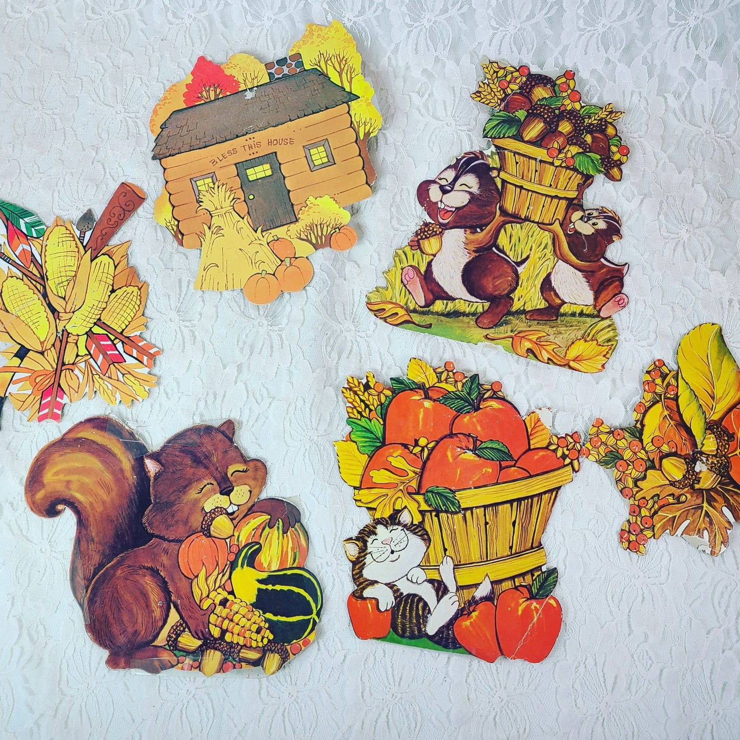 Vintage Ephemera Lot of 6 Fall Thanksgiving Large Size 5" by 5" Cardstock Cutouts from the 1970s