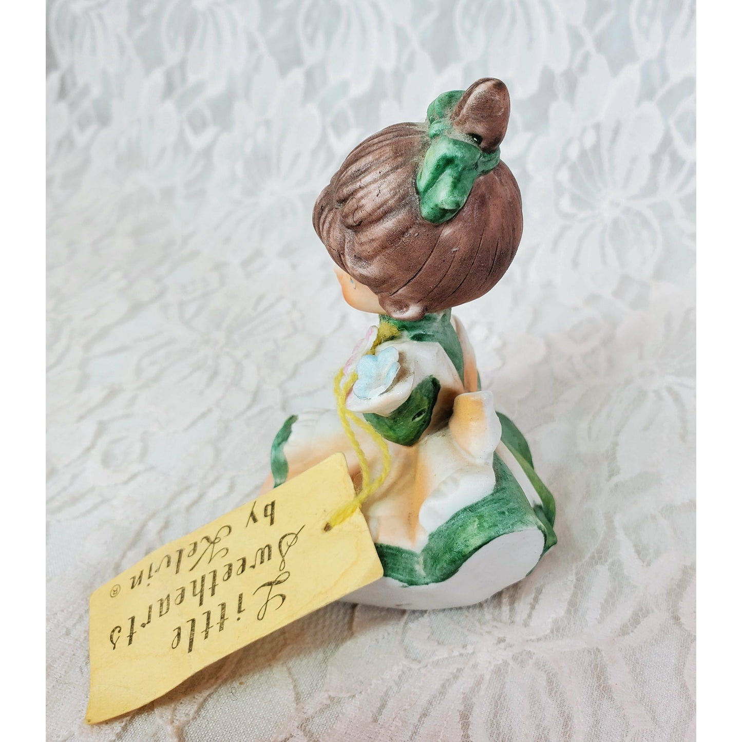 RARE Vintage 1962 Porcelain Little Sweethearts By Kelvin Figurine with ORIGINAL Tag ~ Numbered B-873 ~ Girl Sitting & Holding Flowers