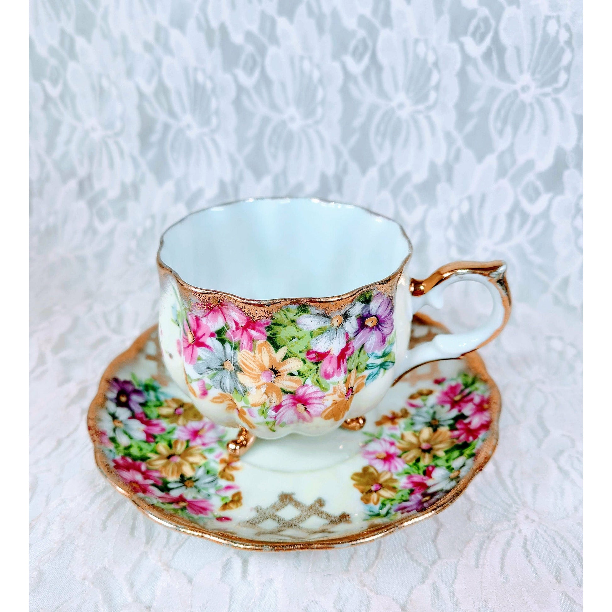 Mid Century Footed Pedestal TEACUP & SAUCER ~ Lefton #KF1079 Roses w/ Gold Trim ~ Japan ~ Hand Painted ~ Immaculate