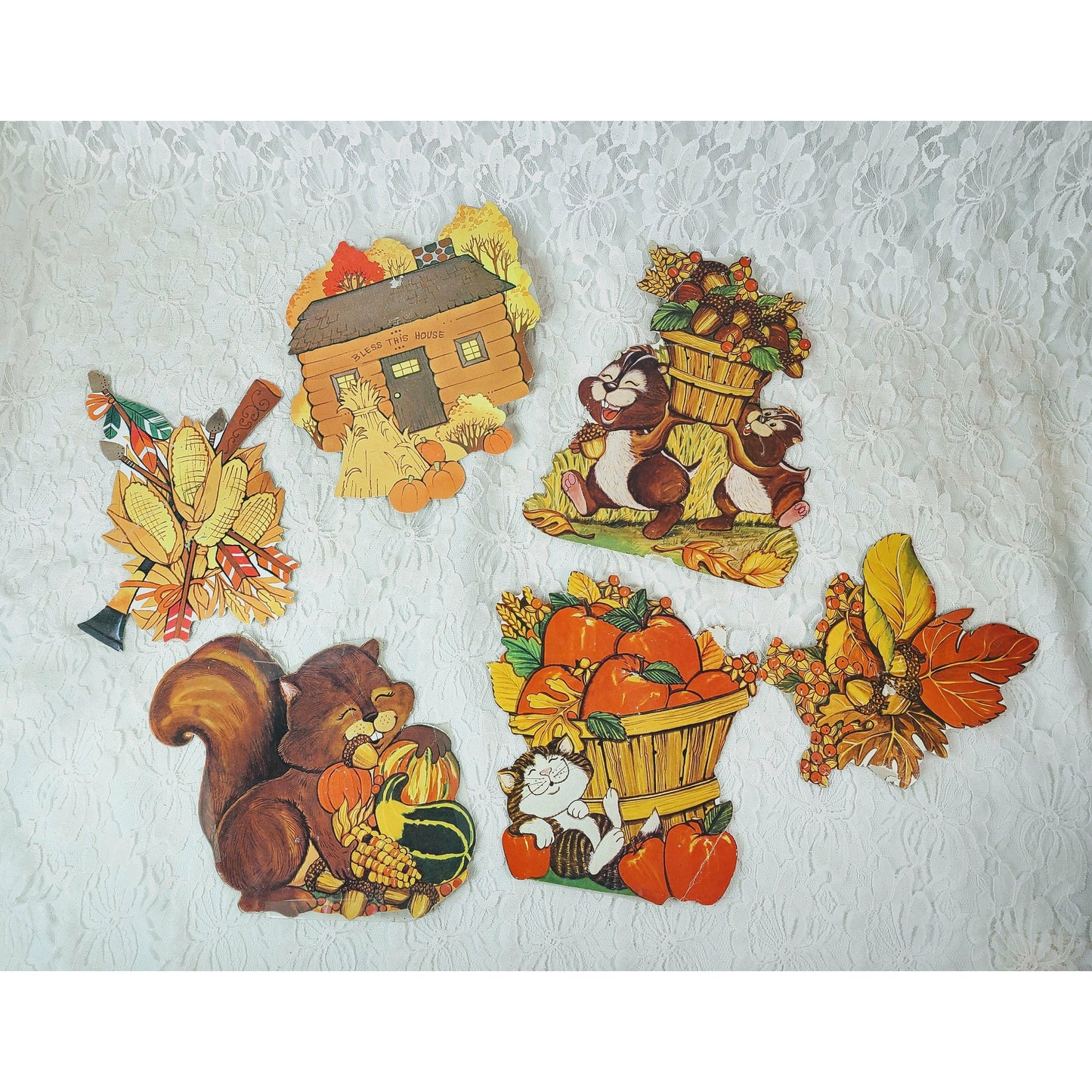 Vintage Ephemera Lot of 6 Fall Thanksgiving Large Size 5" by 5" Cardstock Cutouts from the 1970s
