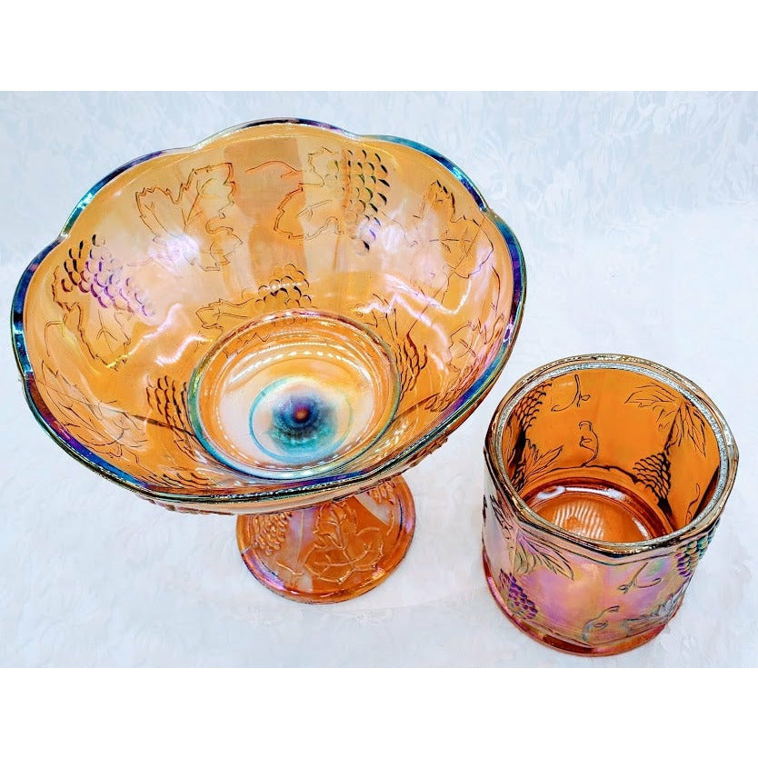 Set of 2 ~ANTIQUE Carnival Harvest Grape Compote Bowl & Vase Set ~ Colony Amber Marigold ~ Depression Glass ~ Carnival Glass ~ Indiana Glass