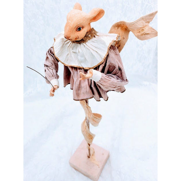 Mouse Conductor Statue Figurine on Wooden Base, Clay Head & Paper Mache ~ Mark Roberts? Wayne Klesky? Unusual OOAK Home Décor
